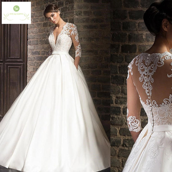 {{ store_name }} Wedding Dress Half Sleeves V-Neck Train Pockets Wedding & Bridal Party Dresses