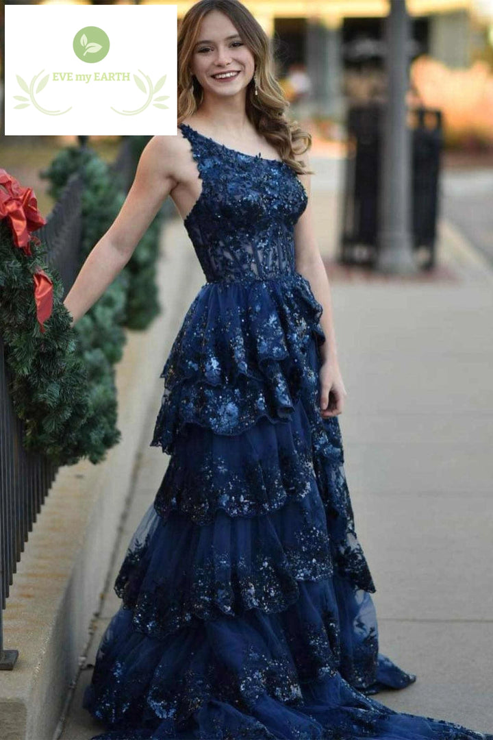 Formal Evening Tiered Ruffle Sequin Dress Lace Tulle Corset A Line Long High Slit