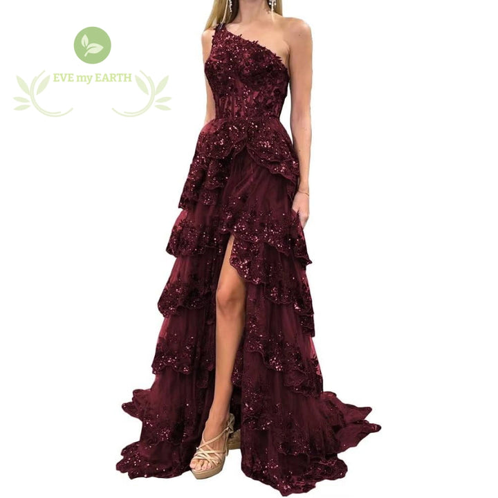 Formal Evening Tiered Ruffle Sequin Dress Lace Tulle Corset A Line Long High Slit