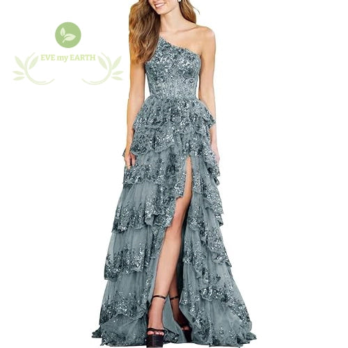 Formal Evening Tiered Ruffle Sequin Dress Lace Tulle Corset A Line Long High Slit