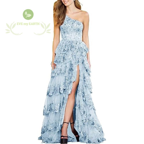 Formal Evening Tiered Ruffle Sequin Dress Lace Tulle Corset A Line Long High Slit