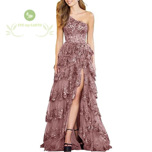 Formal Evening Tiered Ruffle Sequin Dress Lace Tulle Corset A Line Long High Slit