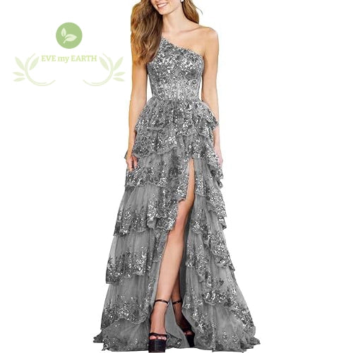 Formal Evening Tiered Ruffle Sequin Dress Lace Tulle Corset A Line Long High Slit