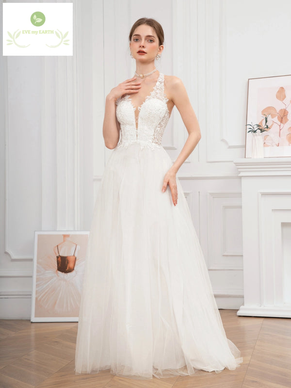 {{ store_name }} Wedding Dress Embroidered Guipure Lace Halter Neck - Backless with Cross Strap Wedding & Bridal Party Dresses