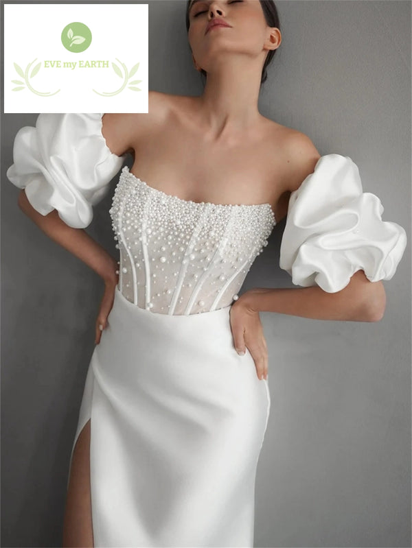 {{ store_name }} Pearl Beaded Wedding Dress with Removable Puffy Sleeves Wedding & Bridal Party Dresses