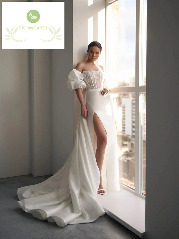 Pearl Beaded Wedding Dress with Removable Puffy Sleeves