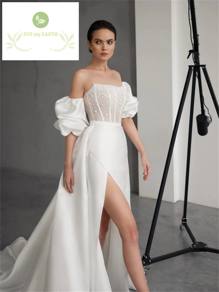 Pearl Beaded Wedding Dress with Removable Puffy Sleeves