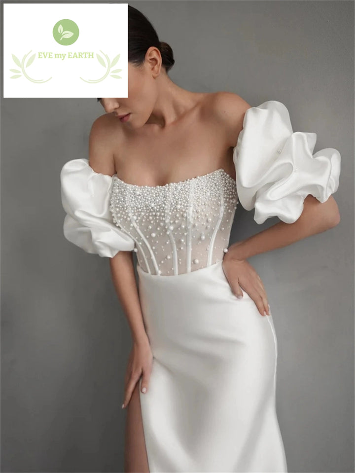 Pearl Beaded Wedding Dress with Removable Puffy Sleeves