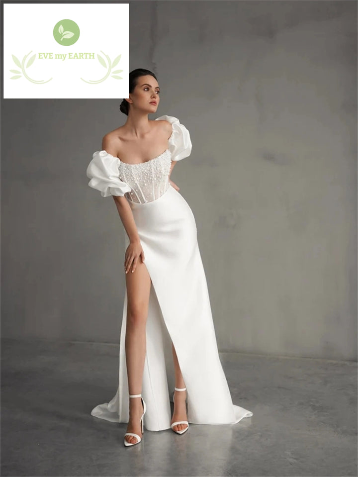 Pearl Beaded Wedding Dress with Removable Puffy Sleeves