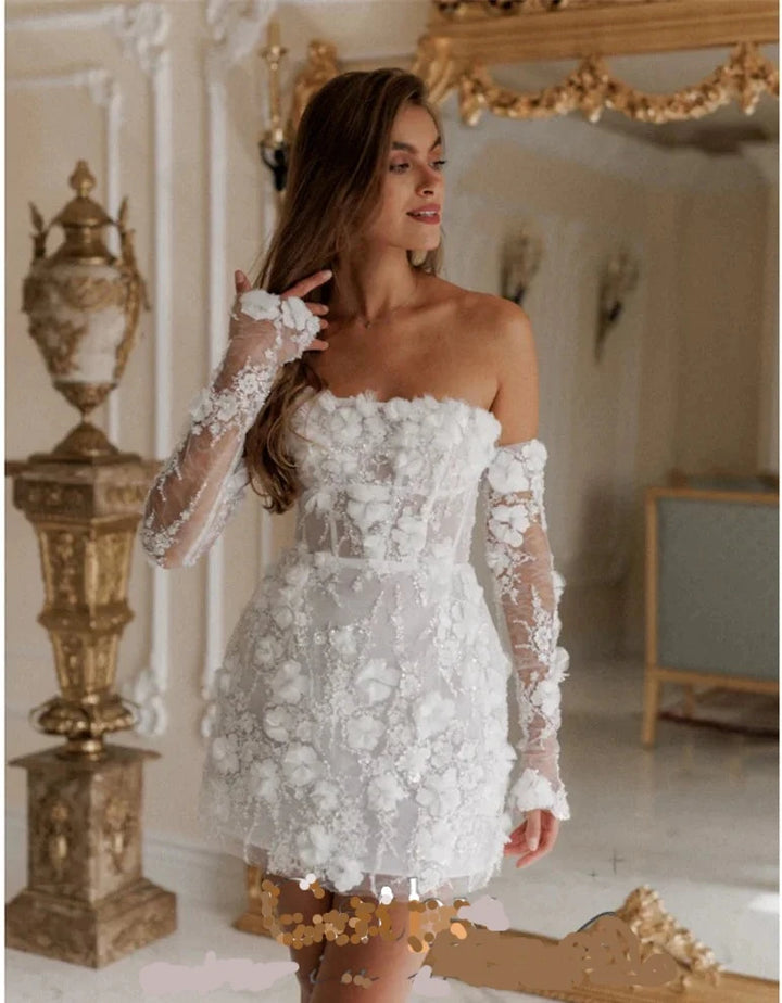 Bridal Dress with Flower Lace Embroidery Elegant Off Shoulder Detachable Sleeves