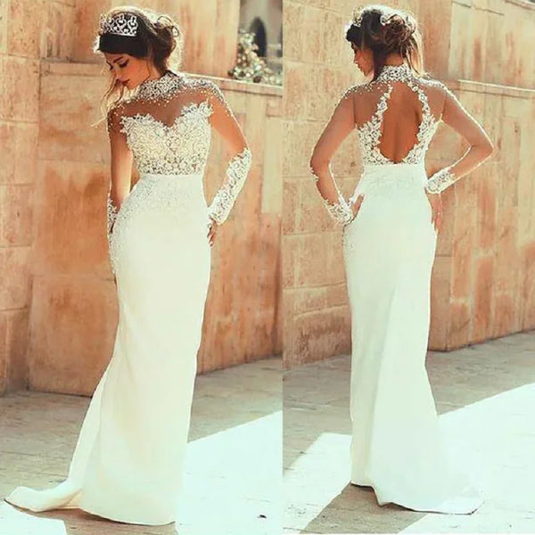 Wedding Dress with Sheath High-neck and Pearls