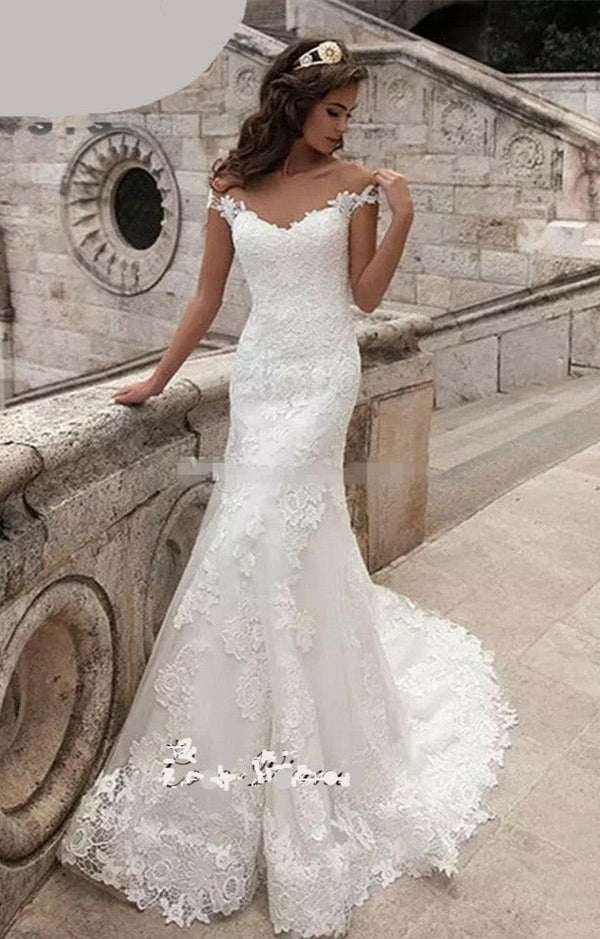 {{ store_name }} Wedding Dress Embroidered Lace Train Button - Cap Sleeves Wedding Dress