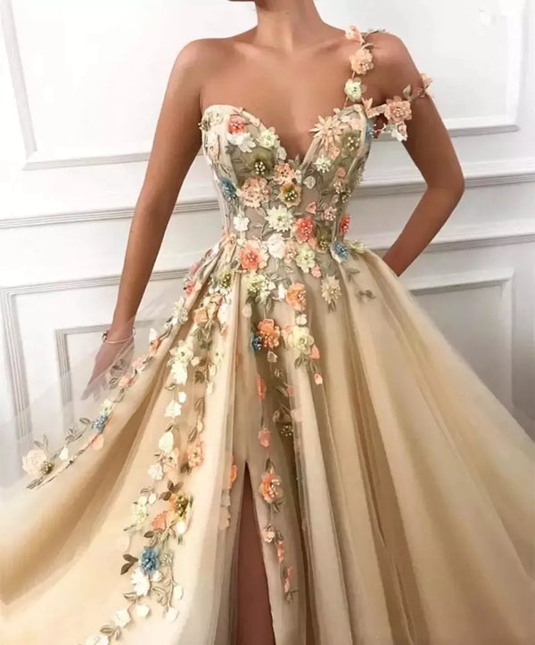 Flowers Split A-Line Prom Dresses Women Party