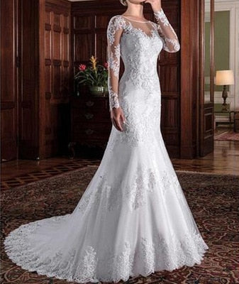 Bridal Mermaid Wedding Dress Beaded Lace Long Sleeve.