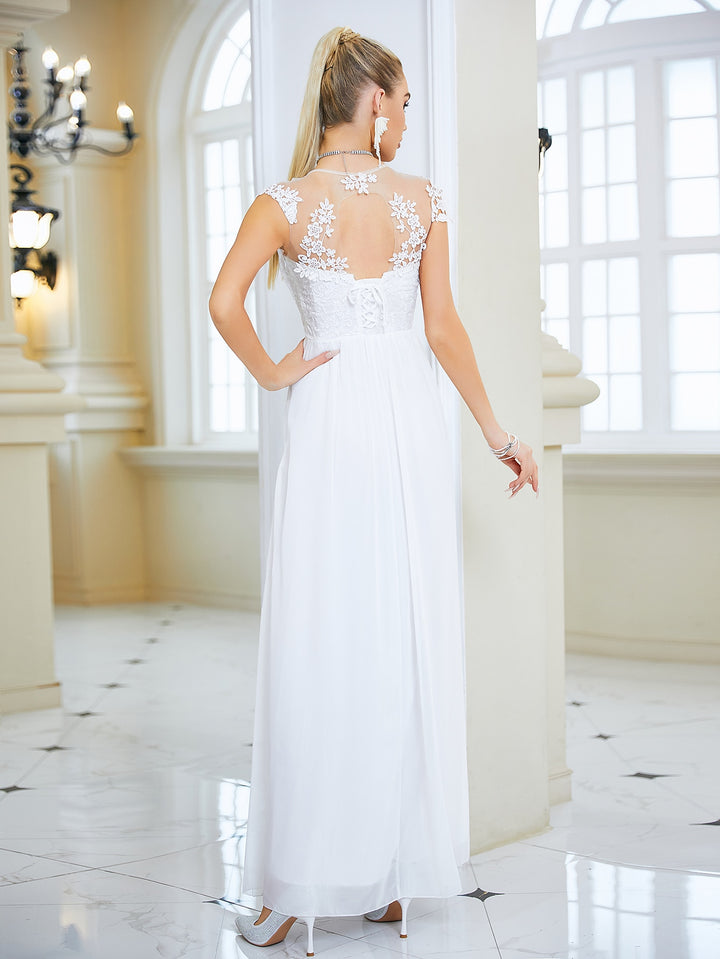 This wedding dress is a timelessly beautiful statement piece. Masterful craftsmanship and exquisite lace bring to life a sleek silhouette with a delicate chiffon backless feature that is sure to captivate. Elegance, style, and sophistication come together in this dreamy gown.
